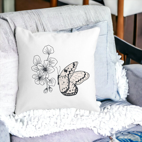 Perna Decorativa Patrata Fluture si Flori, 40x40 cm, Alba, Mata, Husa Detasabila, Burduf 15 Alba