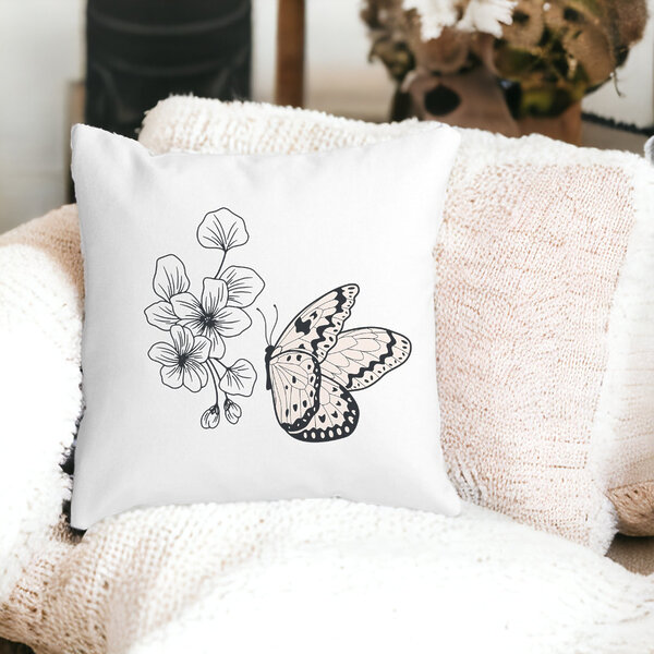 Perna Decorativa Patrata Fluture si Flori, 40x40 cm, Alba, Mata, Husa Detasabila, Burduf 16 Mata