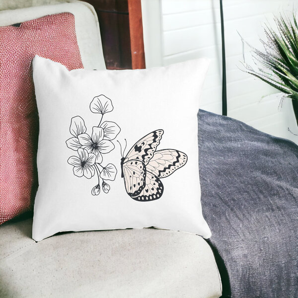 Perna Decorativa Patrata Fluture si Flori, 40x40 cm, Alba, Mata, Husa Detasabila, Burduf 17 Husa Detasabila