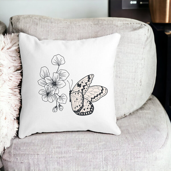 Perna Decorativa Patrata Fluture si Flori, 40x40 cm, Alba, Mata, Husa Detasabila, Burduf 18 Burduf