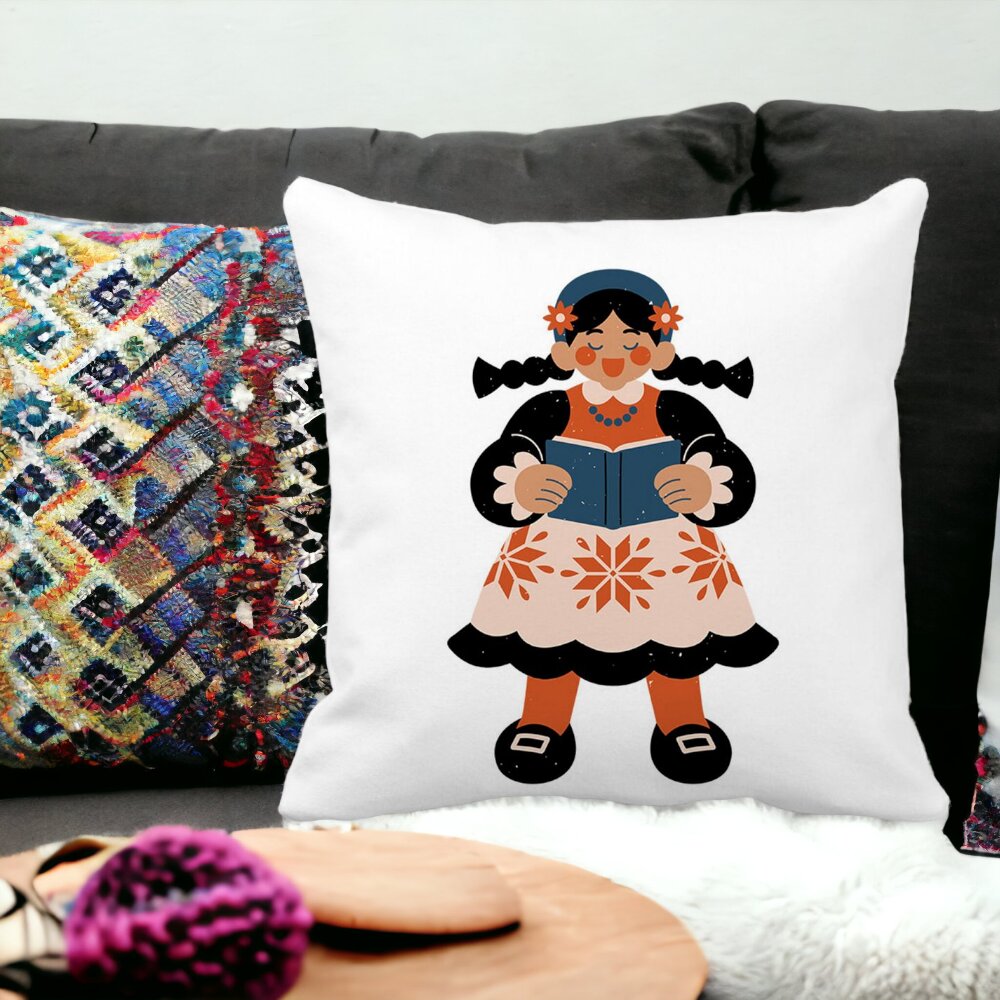 Perna Decorativa Patrata Folk, 40x40 cm, Alba, Mata, Husa Detasabila, Burduf 12 40x40 cm