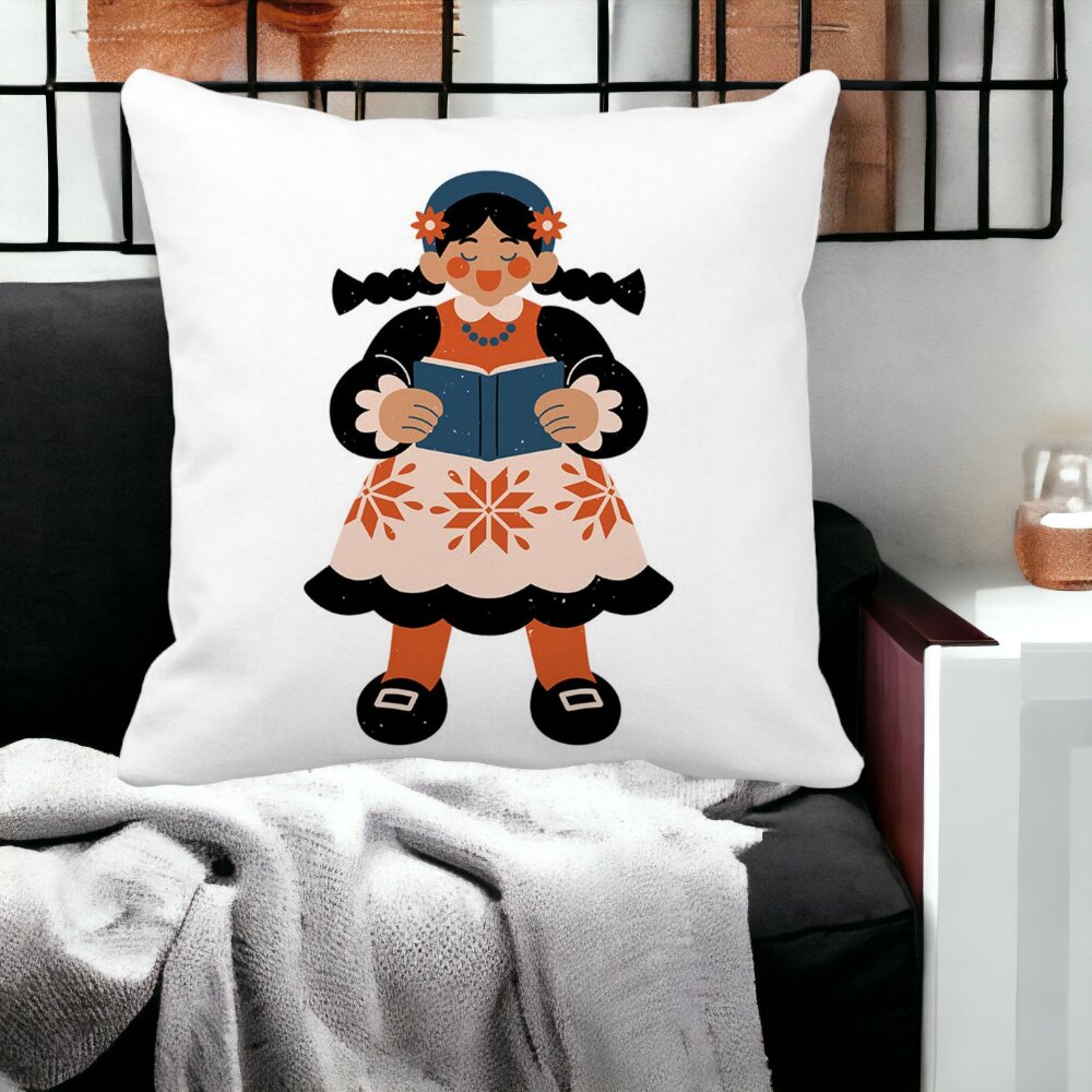 Perna Decorativa Patrata Folk, 40x40 cm, Alba, Mata, Husa Detasabila, Burduf 14 Mata