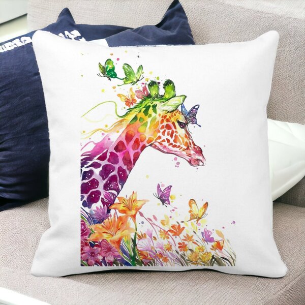 Perna Decorativa Patrata Girafa Multicolor, 40x40 cm, Alba, Mata, Husa Detasabila, Burduf 13 Alba