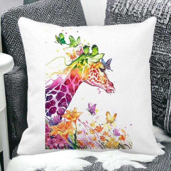 Perna Decorativa Patrata Girafa Multicolor, 40x40 cm, Alba, Mata, Husa Detasabila, Burduf 14 Mata