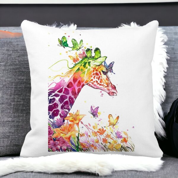 Perna Decorativa Patrata Girafa Multicolor, 40x40 cm, Alba, Mata, Husa Detasabila, Burduf 15 Husa Detasabila