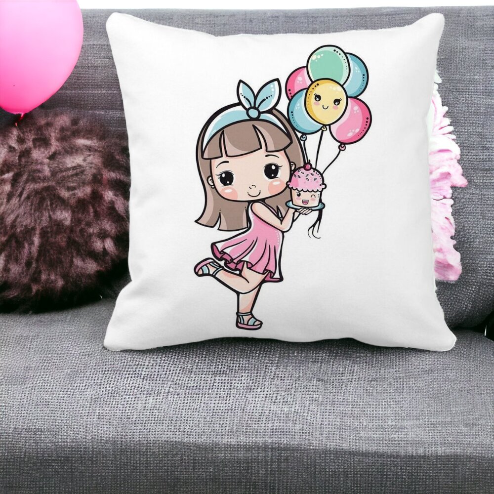 Perna Decorativa Patrata Happy Girl, 40x40 cm, Alba, Mata, Husa Detasabila, Burduf 13 Alba