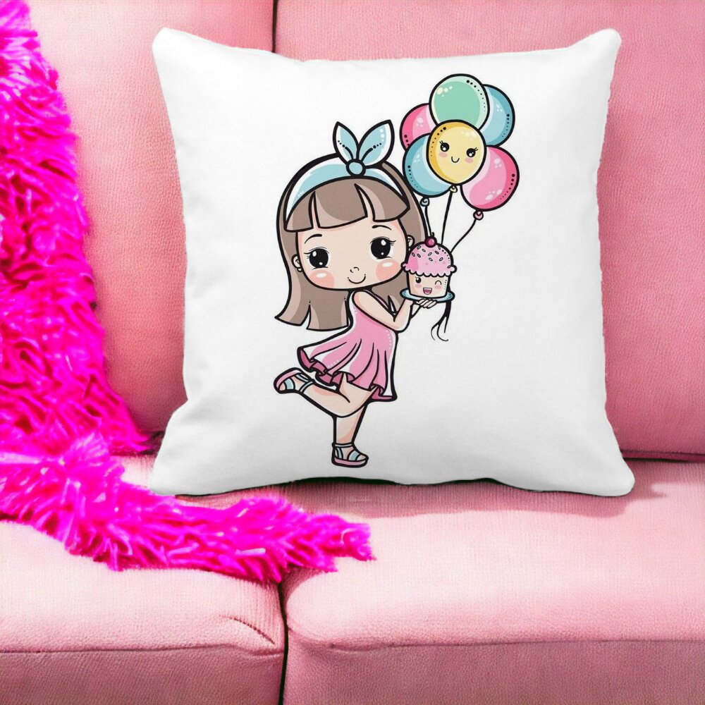 Perna Decorativa Patrata Happy Girl, 40x40 cm, Alba, Mata, Husa Detasabila, Burduf 14 Mata