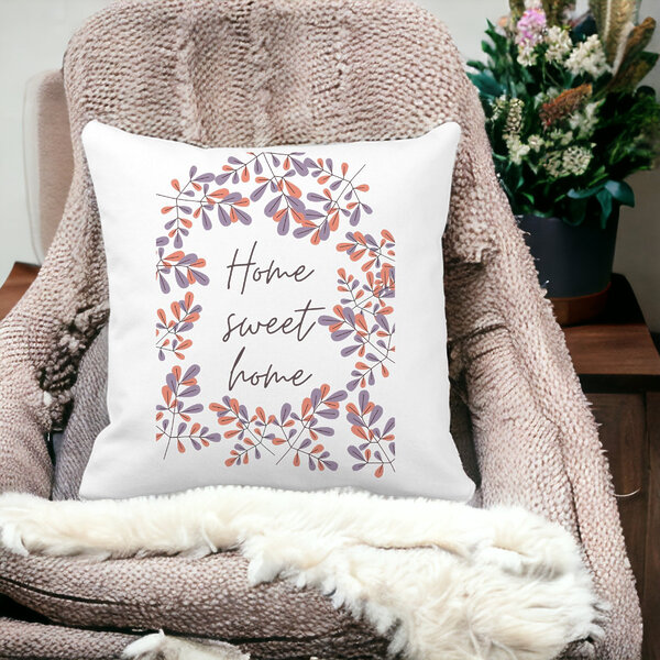 Perna Decorativa Patrata Home Sweet Home, 40x40 cm, Alba, Mata, Husa Detasabila, Burduf 12 40x40 cm