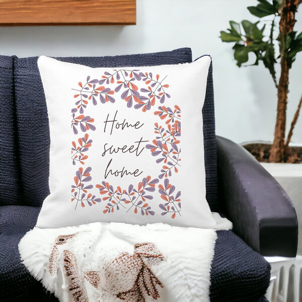 Perna Decorativa Patrata Home Sweet Home, 40x40 cm, Alba, Mata, Husa Detasabila, Burduf 13 Alba