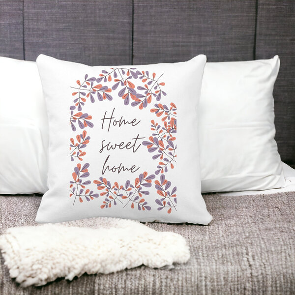 Perna Decorativa Patrata Home Sweet Home, 40x40 cm, Alba, Mata, Husa Detasabila, Burduf 15 Husa Detasabila
