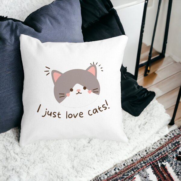 Perna Decorativa Patrata I Just Love Cats, 40x40 cm, Alba, Mata, Husa Detasabila, Burduf 13 Alba