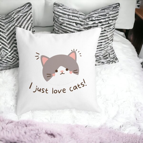 Perna Decorativa Patrata I Just Love Cats, 40x40 cm, Alba, Mata, Husa Detasabila, Burduf 14 Mata