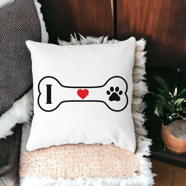 Perna Decorativa Patrata I love Doggos, 40x40 cm, Alba, Mata, Husa Detasabila, Burduf 14 Mata