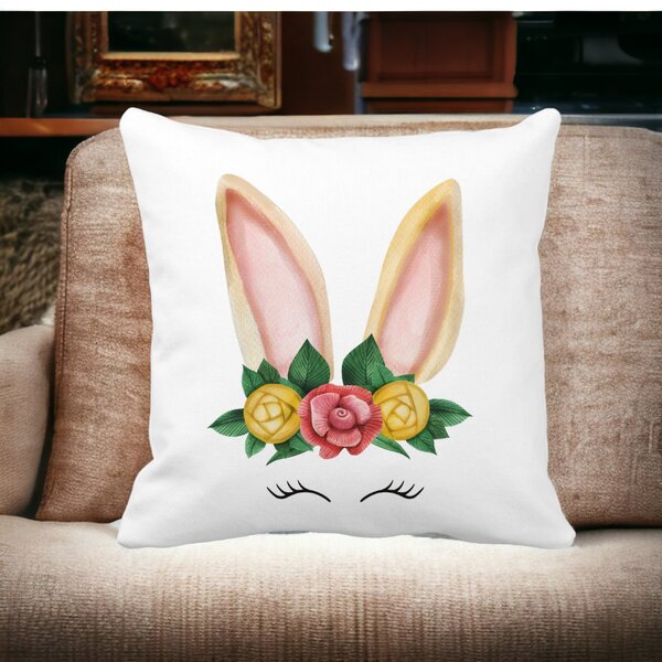 Perna Decorativa Patrata Iepuras Floral, 40x40 cm, Alba, Mata, Husa Detasabila, Burduf 15 Husa Detasabila