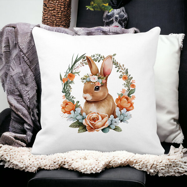 Perna Decorativa Patrata Iepuras cu Coronita Florala, 40x40 cm, Alba, Mata, Husa Detasabila, Burduf 13 Alba