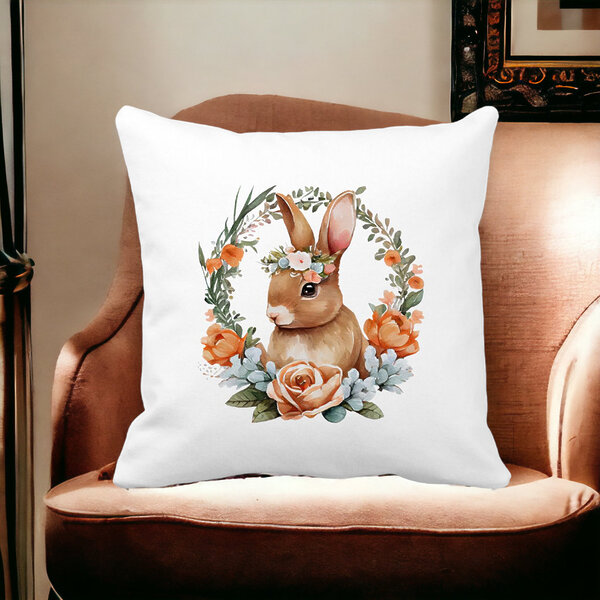 Perna Decorativa Patrata Iepuras cu Coronita Florala, 40x40 cm, Alba, Mata, Husa Detasabila, Burduf 14 Mata