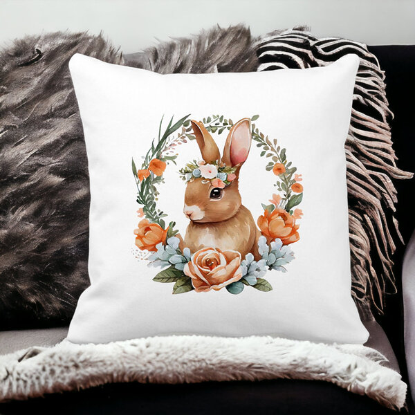 Perna Decorativa Patrata Iepuras cu Coronita Florala, 40x40 cm, Alba, Mata, Husa Detasabila, Burduf 15 Husa Detasabila