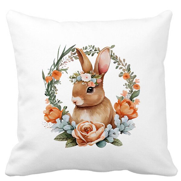 Perna Decorativa Patrata Iepuras cu Coronita Florala, 40x40 cm, Alba, Mata, Husa Detasabila, Burduf 11 Perna Decorativa Patrata Iepuras cu Coronita Florala