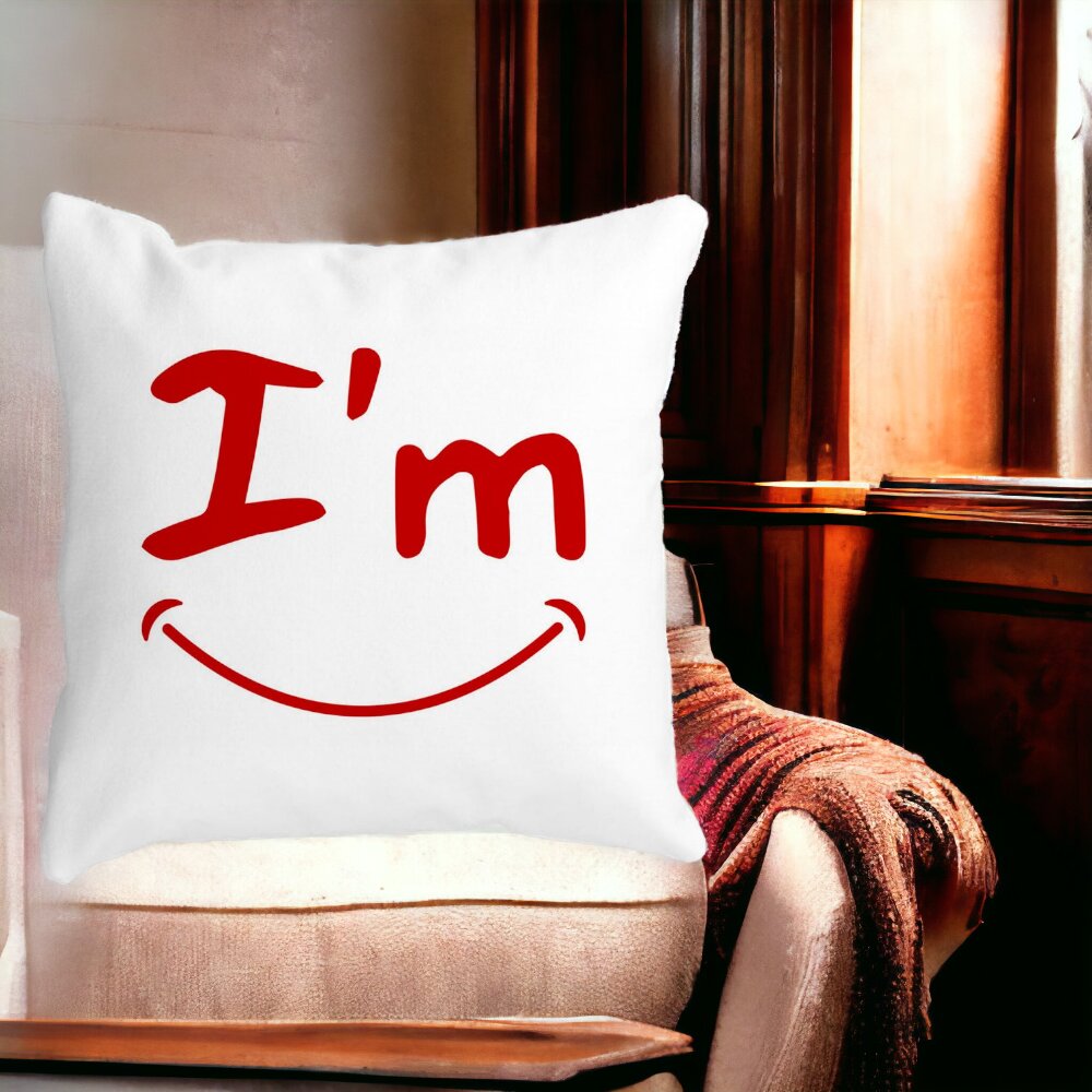 Perna Decorativa Patrata I'm Happy, 40x40 cm, Alba, Mata, Husa Detasabila, Burduf 14 Mata