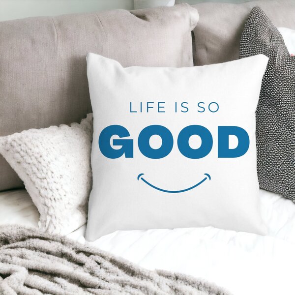 Perna Decorativa Patrata Life is So Good, 40x40 cm, Alba, Mata, Husa Detasabila, Burduf 14 Mata