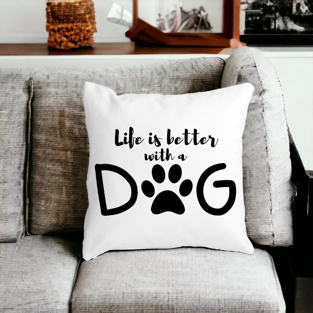 Perna Decorativa Patrata Life is better with a Dog, 40x40 cm, Alba, Mata, Husa Detasabila, Burduf 12 40x40 cm