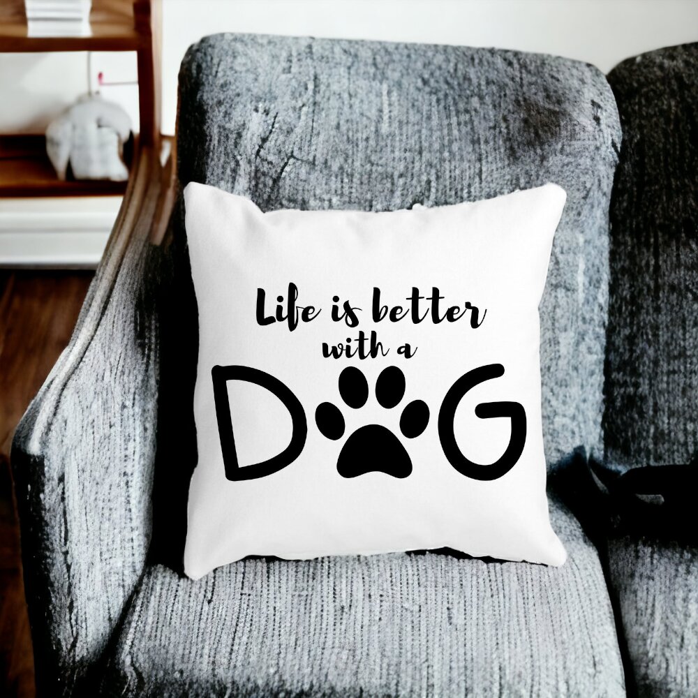 Perna Decorativa Patrata Life is better with a Dog, 40x40 cm, Alba, Mata, Husa Detasabila, Burduf 13 Alba