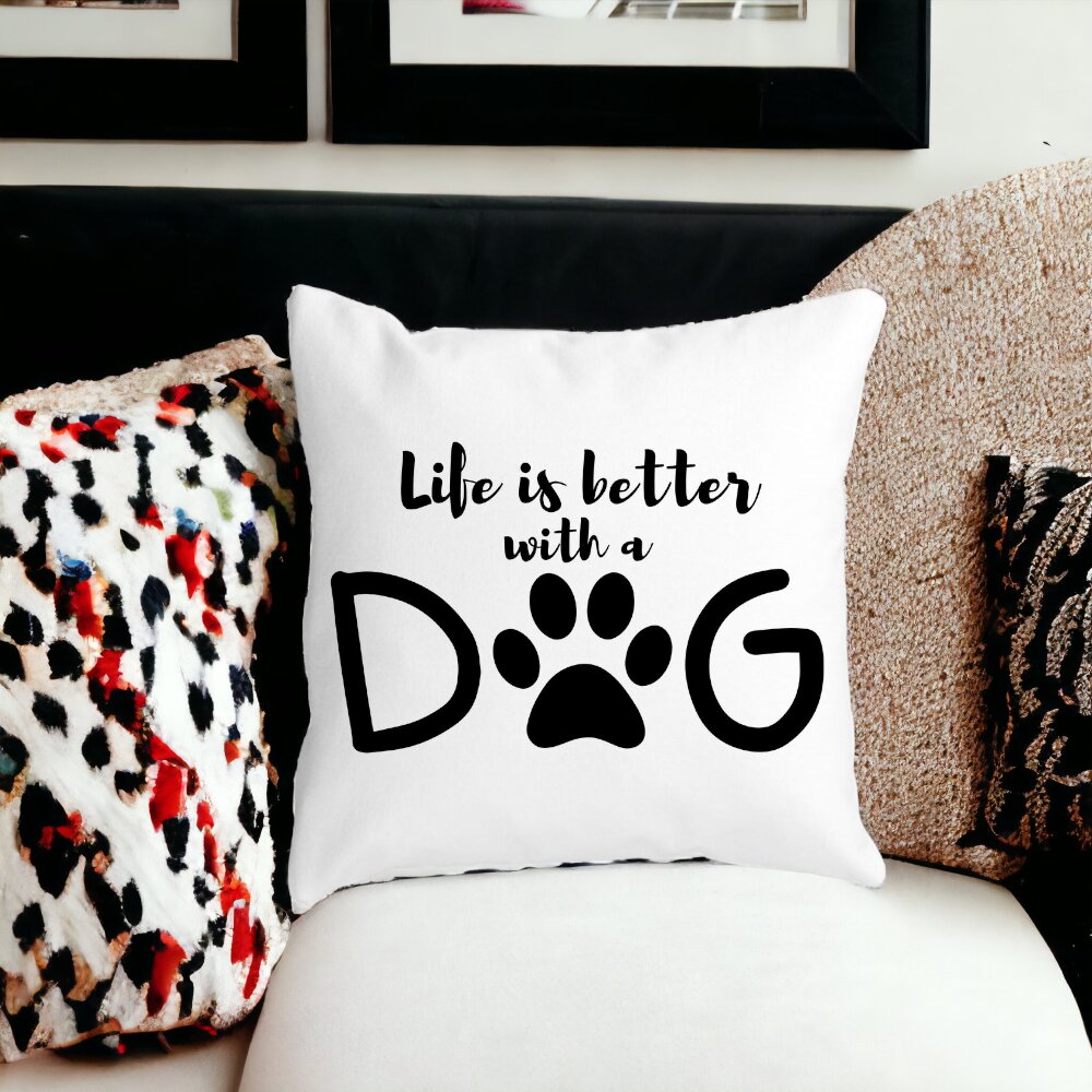 Perna Decorativa Patrata Life is better with a Dog, 40x40 cm, Alba, Mata, Husa Detasabila, Burduf 14 Mata