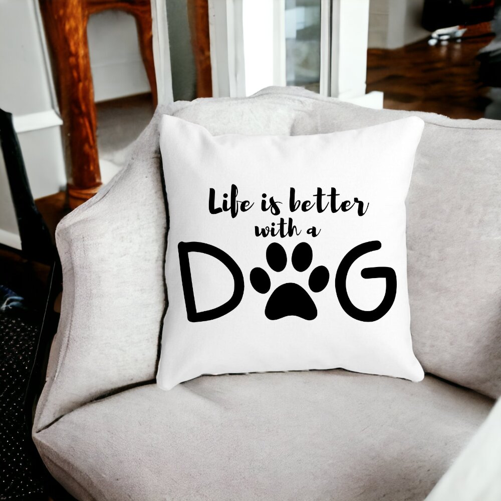 Perna Decorativa Patrata Life is better with a Dog, 40x40 cm, Alba, Mata, Husa Detasabila, Burduf 15 Husa Detasabila