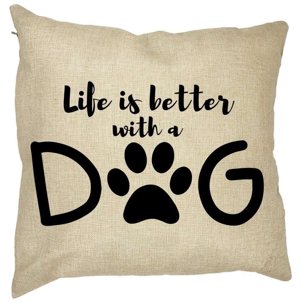 Perna Decorativa Patrata Life is better with a Dog, 40x40 cm, Husa Detasabila, Burduf 7 Perna Decorativa Patrata Life is better with a Dog