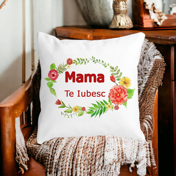 Perna Decorativa Patrata Mama Te Iubesc, 40x40 cm, Alba, Mata, Husa Detasabila, Burduf 14 40x40 cm