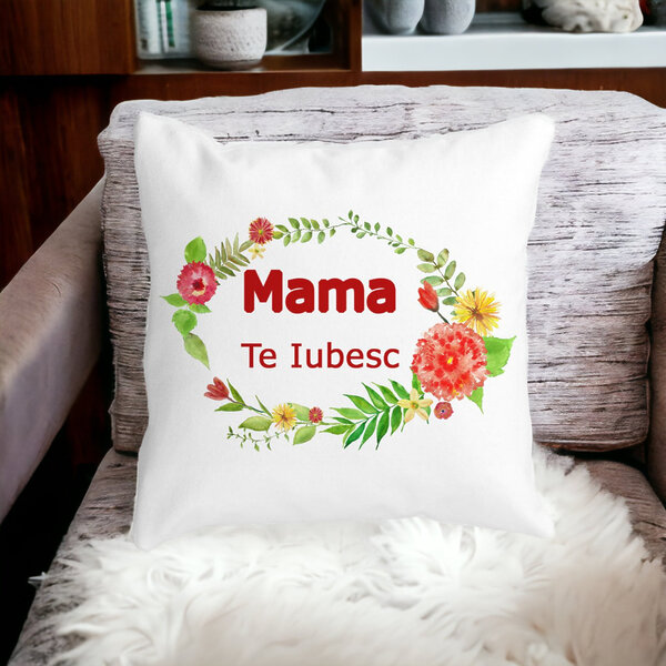 Perna Decorativa Patrata Mama Te Iubesc, 40x40 cm, Alba, Mata, Husa Detasabila, Burduf 15 Alba