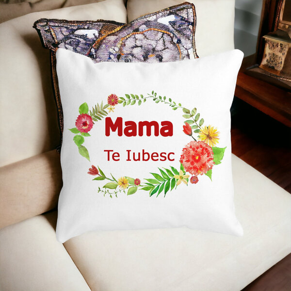 Perna Decorativa Patrata Mama Te Iubesc, 40x40 cm, Alba, Mata, Husa Detasabila, Burduf 16 Mata