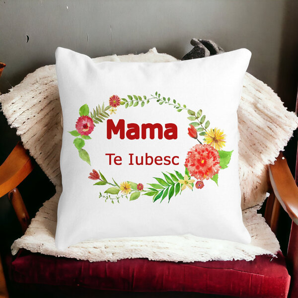 Perna Decorativa Patrata Mama Te Iubesc, 40x40 cm, Alba, Mata, Husa Detasabila, Burduf 17 Husa Detasabila