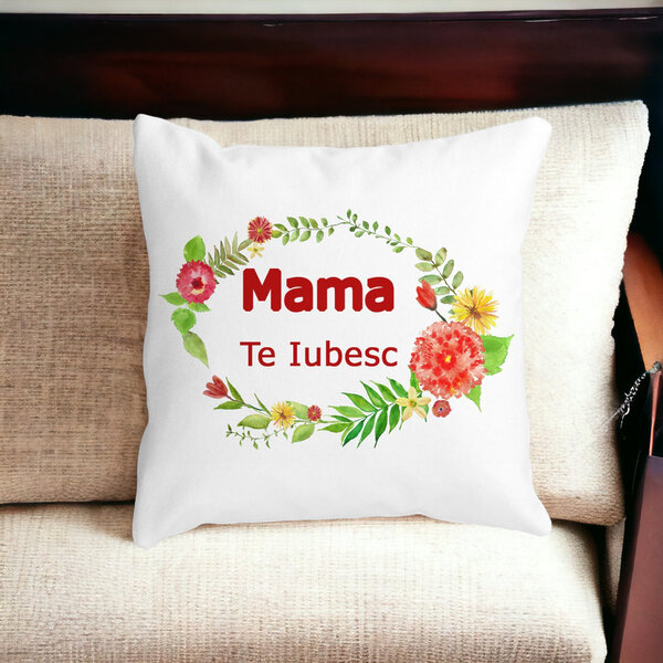 Perna Decorativa Patrata Mama Te Iubesc, 40x40 cm, Alba, Mata, Husa Detasabila, Burduf 18 Burduf