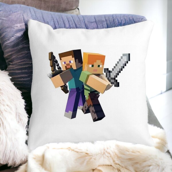 Perna Decorativa Patrata Minecraft, 40x40 cm, Alba, Mata, Husa Detasabila, Burduf 14 Mata