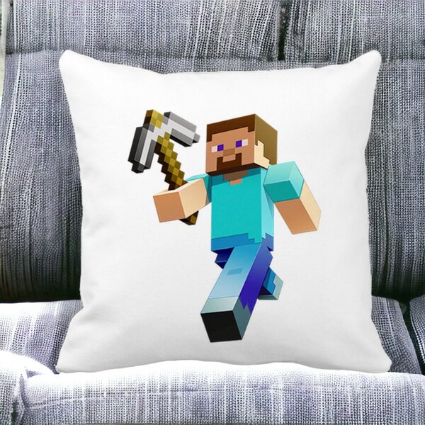 Perna Decorativa Patrata Minecraft Mining Steve, 40x40 cm, Alba, Mata, Husa Detasabila, Burduf 12 40x40 cm