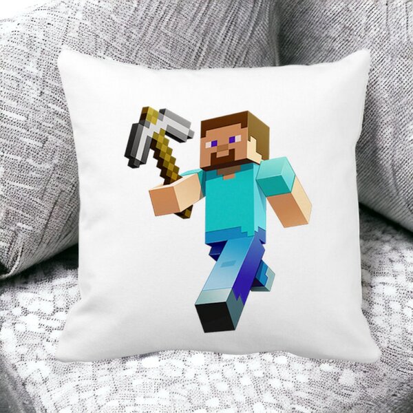 Perna Decorativa Patrata Minecraft Mining Steve, 40x40 cm, Alba, Mata, Husa Detasabila, Burduf 13 Alba