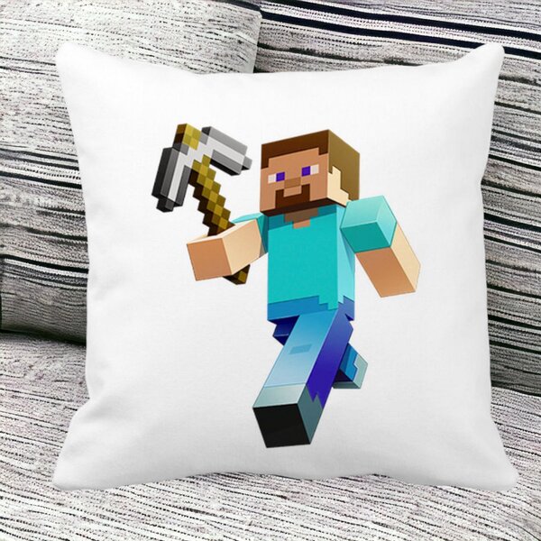 Perna Decorativa Patrata Minecraft Mining Steve, 40x40 cm, Alba, Mata, Husa Detasabila, Burduf 14 Mata