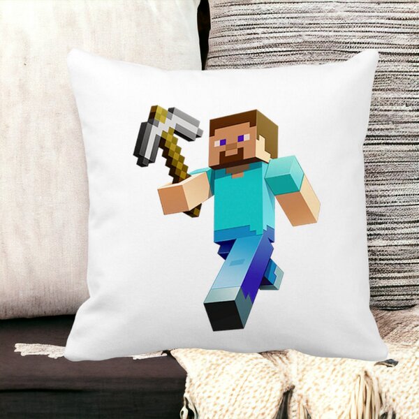 Perna Decorativa Patrata Minecraft Mining Steve, 40x40 cm, Alba, Mata, Husa Detasabila, Burduf 15 Husa Detasabila