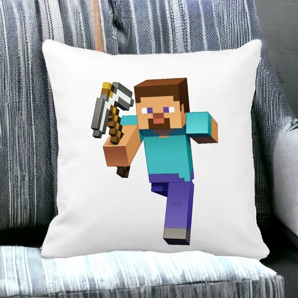 Perna Decorativa Patrata Minecraft Mining Steve 8bit, 40x40 cm, Alba, Mata, Husa Detasabila, Burduf 12 40x40 cm