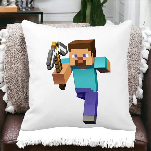 Perna Decorativa Patrata Minecraft Mining Steve 8bit, 40x40 cm, Alba, Mata, Husa Detasabila, Burduf 13 Alba