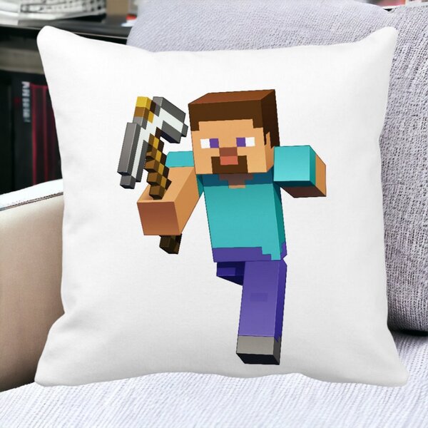 Perna Decorativa Patrata Minecraft Mining Steve 8bit, 40x40 cm, Alba, Mata, Husa Detasabila, Burduf 14 Mata