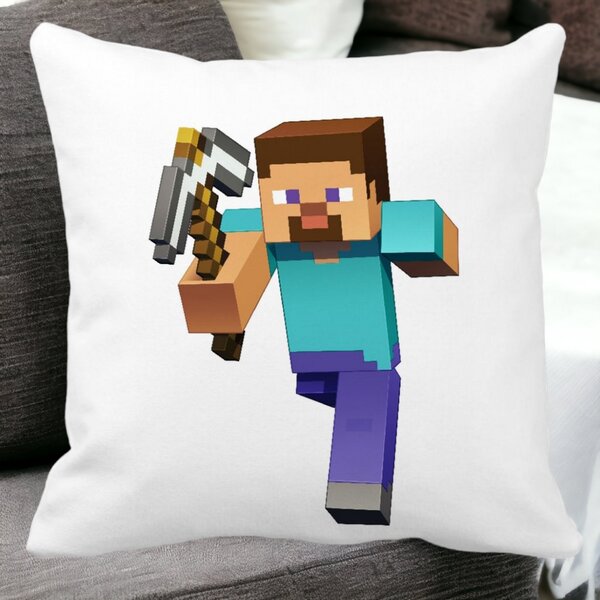 Perna Decorativa Patrata Minecraft Mining Steve 8bit, 40x40 cm, Alba, Mata, Husa Detasabila, Burduf 15 Husa Detasabila