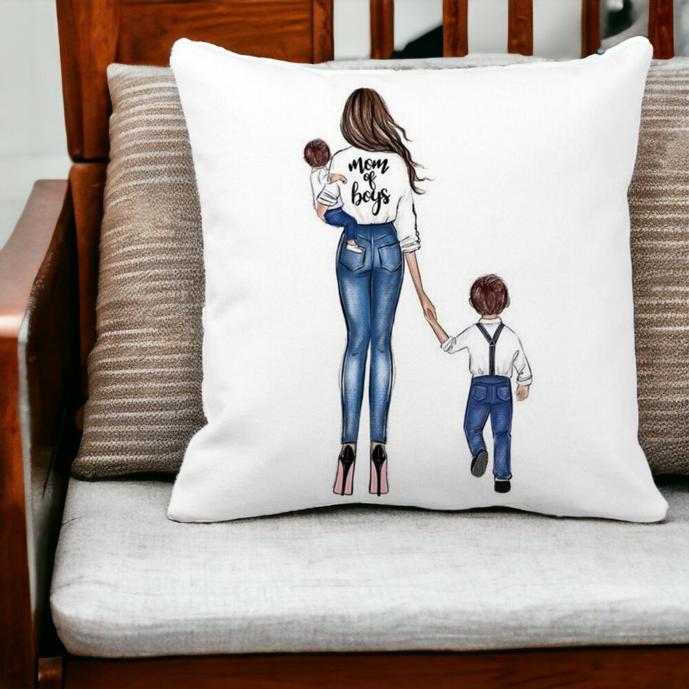 Perna Decorativa Patrata Mom of Boys, 40x40 cm, Alba, Mata, Husa Detasabila, Burduf 12 40x40 cm