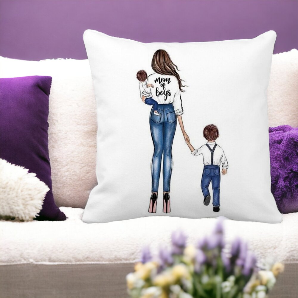 Perna Decorativa Patrata Mom of Boys, 40x40 cm, Alba, Mata, Husa Detasabila, Burduf 13 Alba