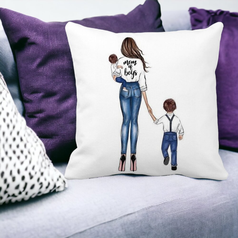 Perna Decorativa Patrata Mom of Boys, 40x40 cm, Alba, Mata, Husa Detasabila, Burduf 14 Mata