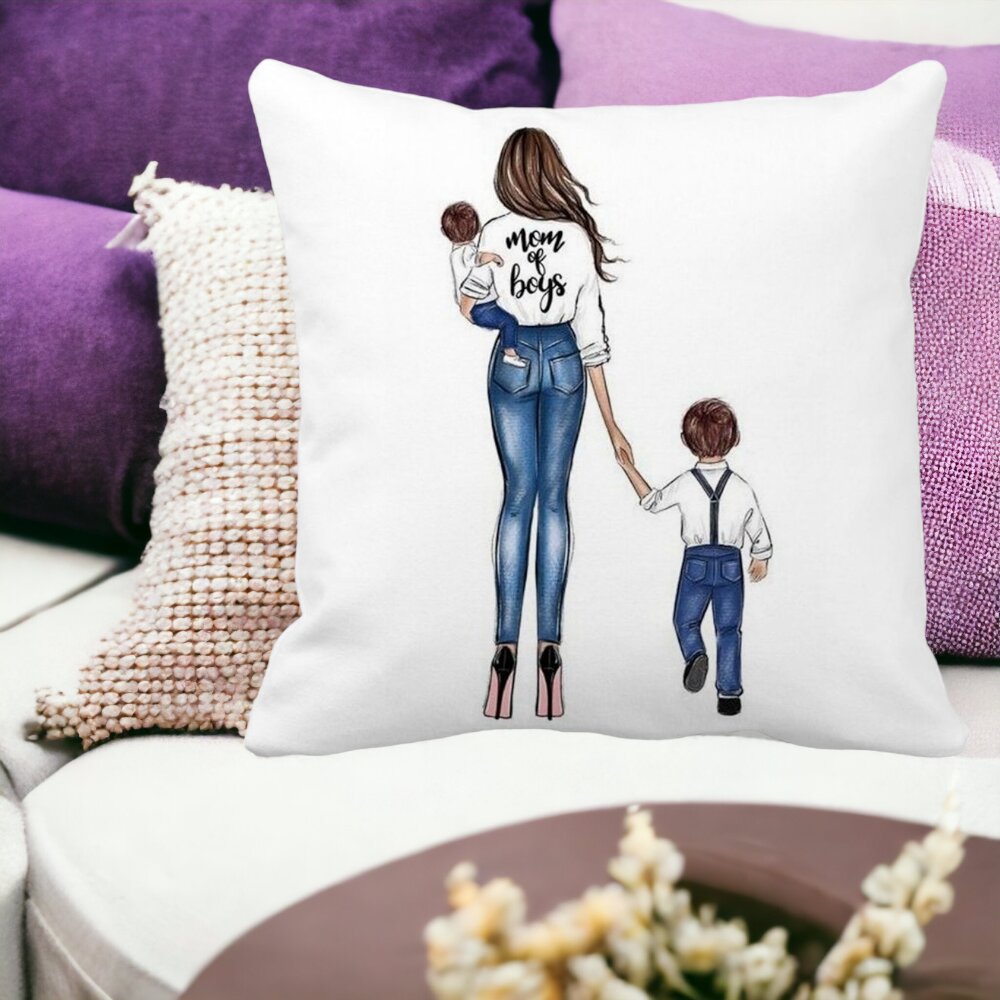 Perna Decorativa Patrata Mom of Boys, 40x40 cm, Alba, Mata, Husa Detasabila, Burduf 15 Husa Detasabila