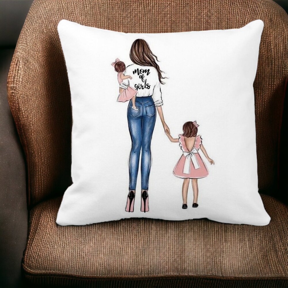 Perna Decorativa Patrata Mom of Girls, 40x40 cm, Alba, Mata, Husa Detasabila, Burduf 13 Alba