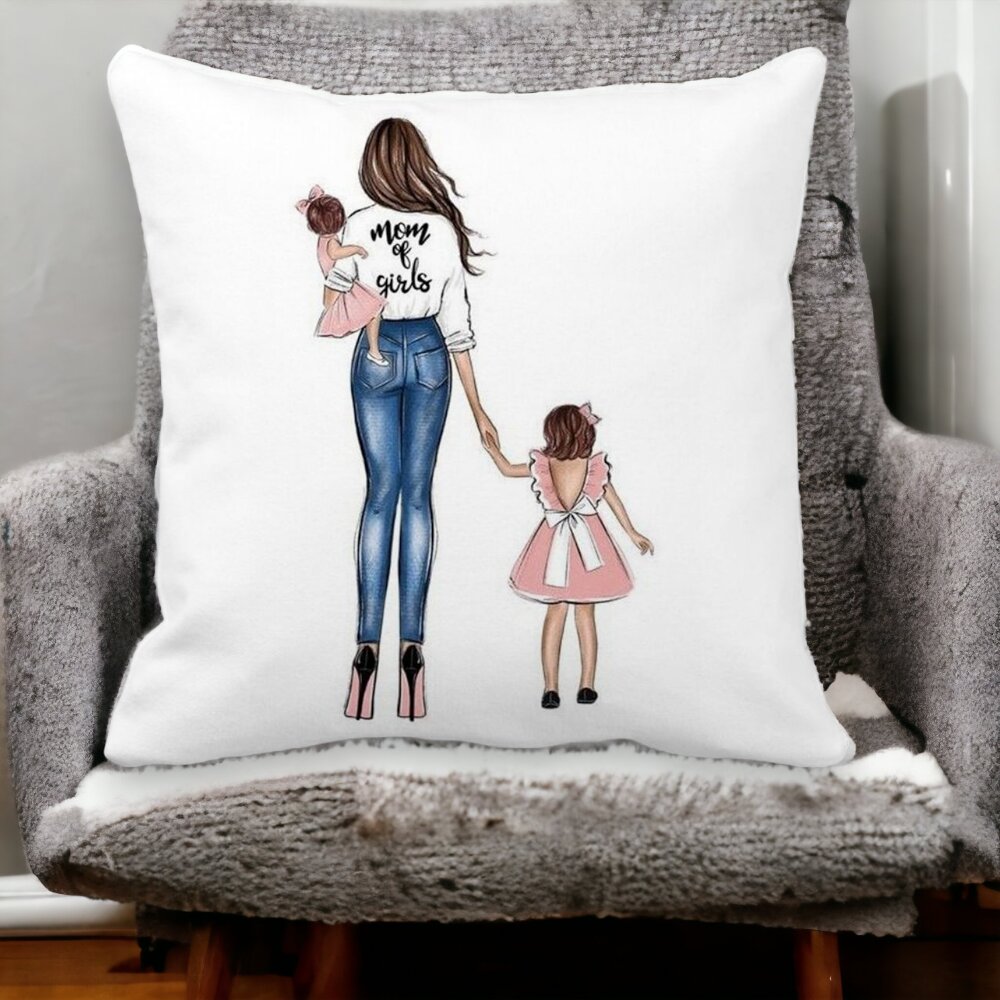 Perna Decorativa Patrata Mom of Girls, 40x40 cm, Alba, Mata, Husa Detasabila, Burduf 14 Mata