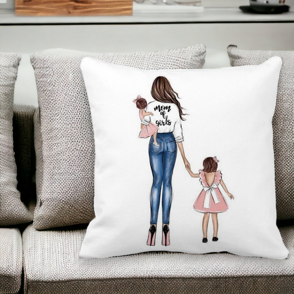 Perna Decorativa Patrata Mom of Girls, 40x40 cm, Alba, Mata, Husa Detasabila, Burduf 15 Husa Detasabila